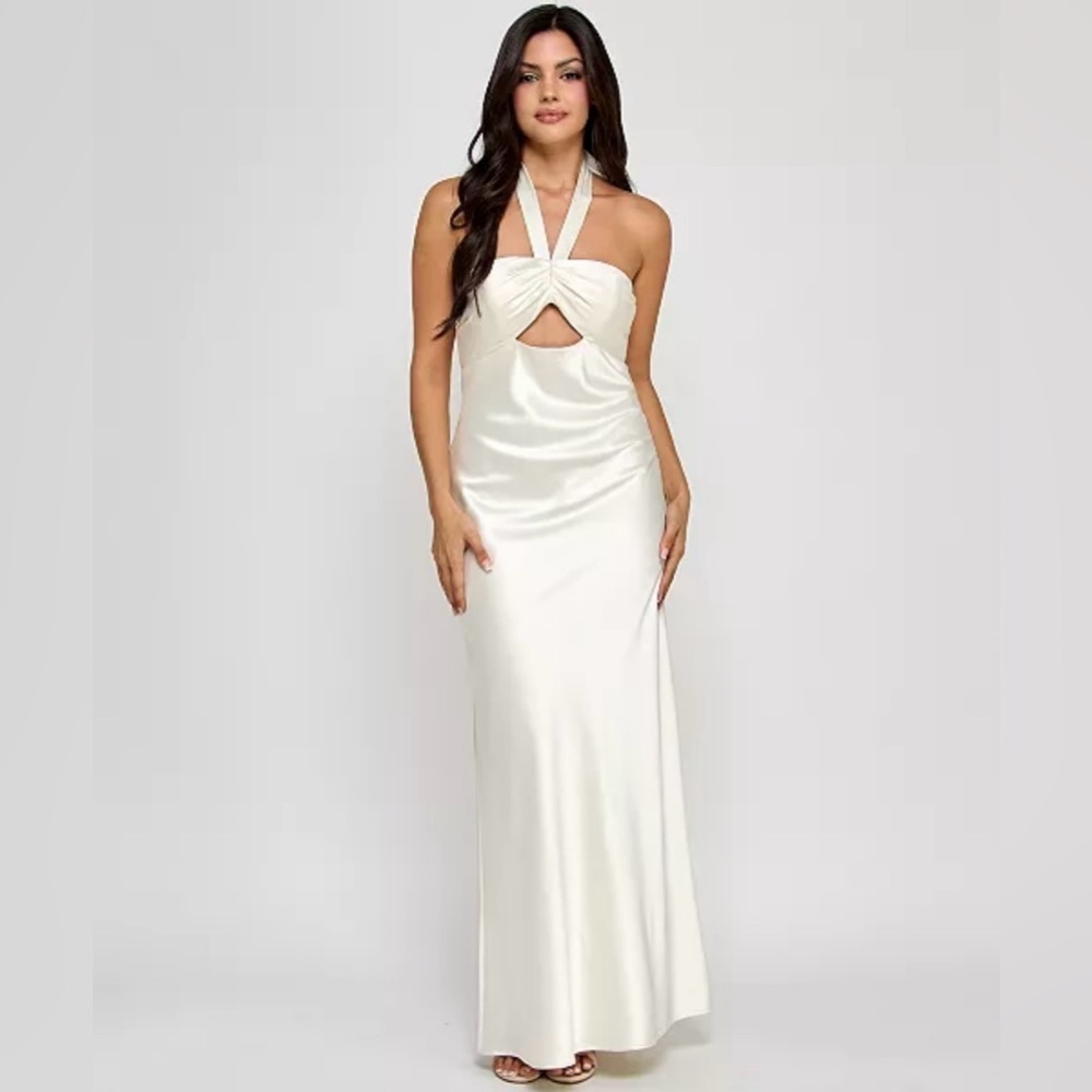 Morgan & Company Juniors Sleeveless Off White Halter Gown with Cut Out Size 13